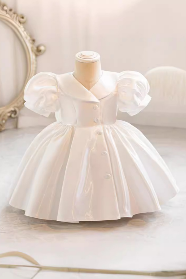 Girls' White Satin Puff Sleeve Button-Front Dress