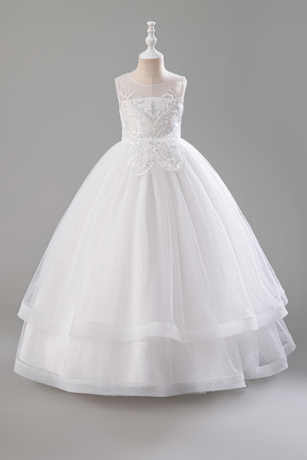 Girls' White Sequin-Embellished Tulle Princess Gown with Floral Bodice