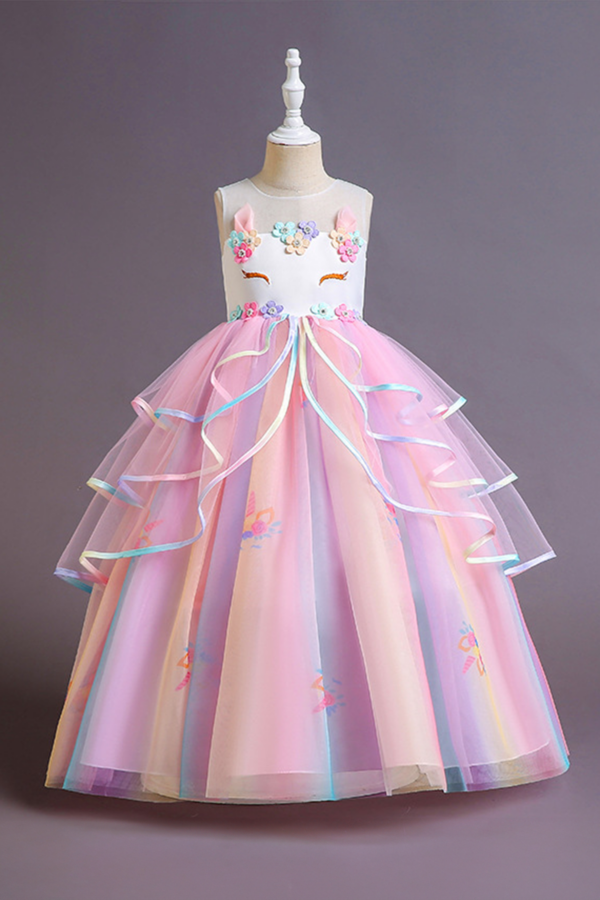 Girls' Tulle Dress with Floral Embellishments and Ruffled Layers