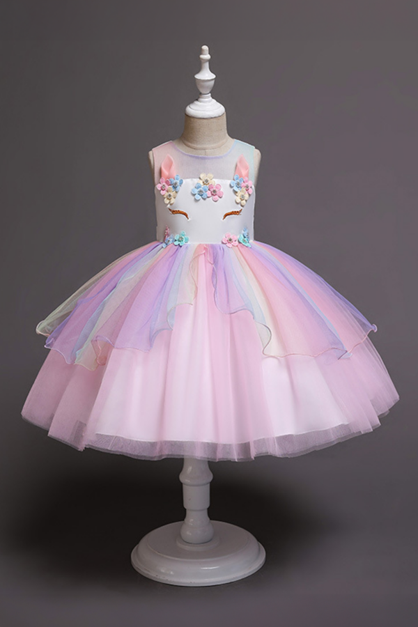 Girls' Rainbow Tulle Dress with Floral Appliqué and Unicorn Embellishments