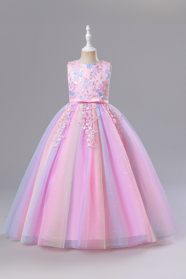 Girls' Pink and Blue Floral Embellished Tulle Princess Dress