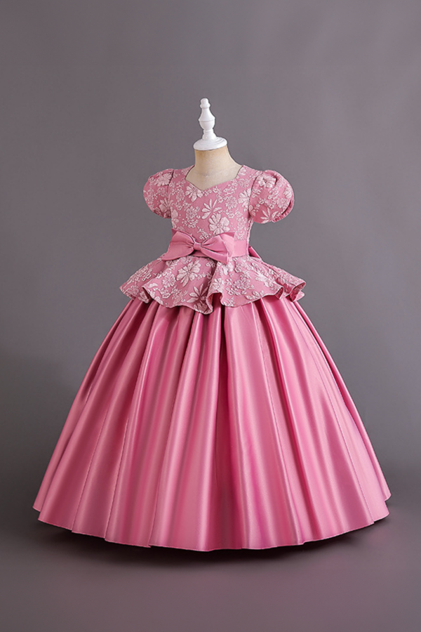Girls' Pink Floral Lace Peplum Satin Ball Gown with Bow Detail