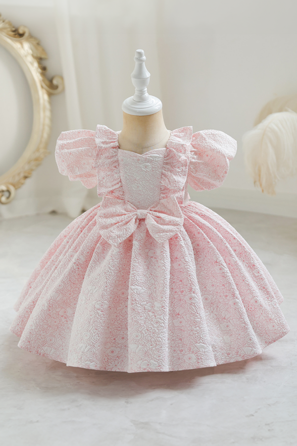 Girls' Pink Floral Lace Dress with Ruffled Sleeves and Bow Detail