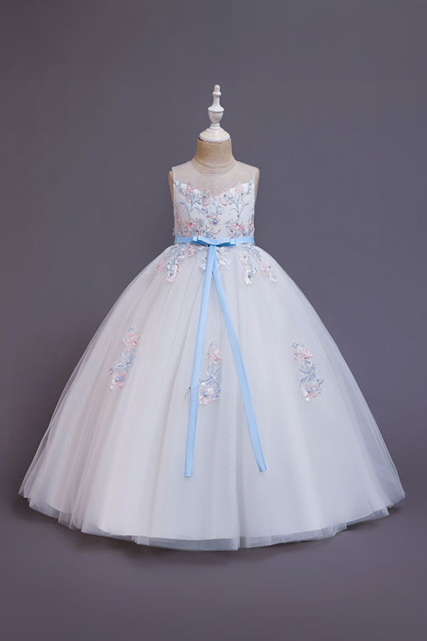 Delicate Floral Embroidered White Tulle Dress with Blue Satin Ribbon
