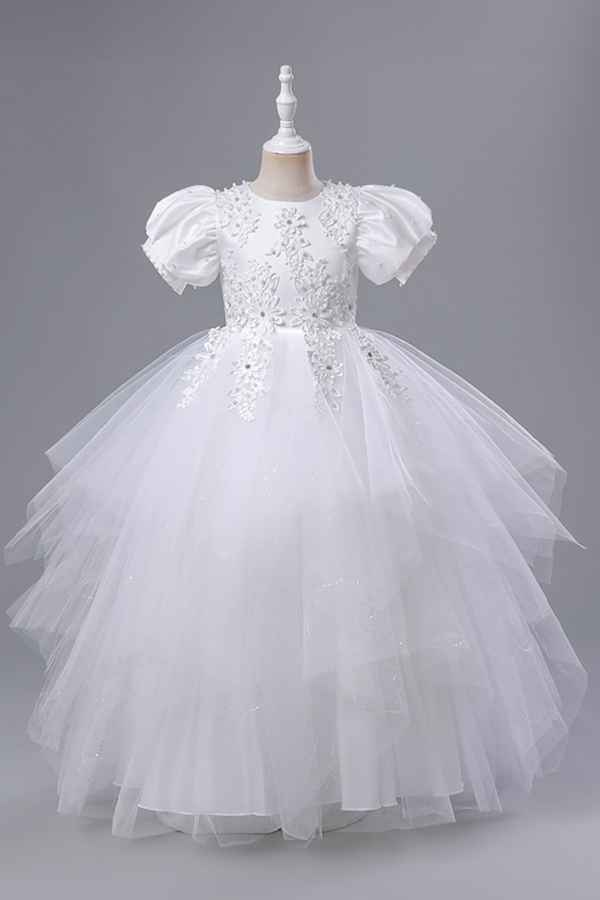 Whimsical White Tulle Dress with Floral Embellishments and Puff Sleeves