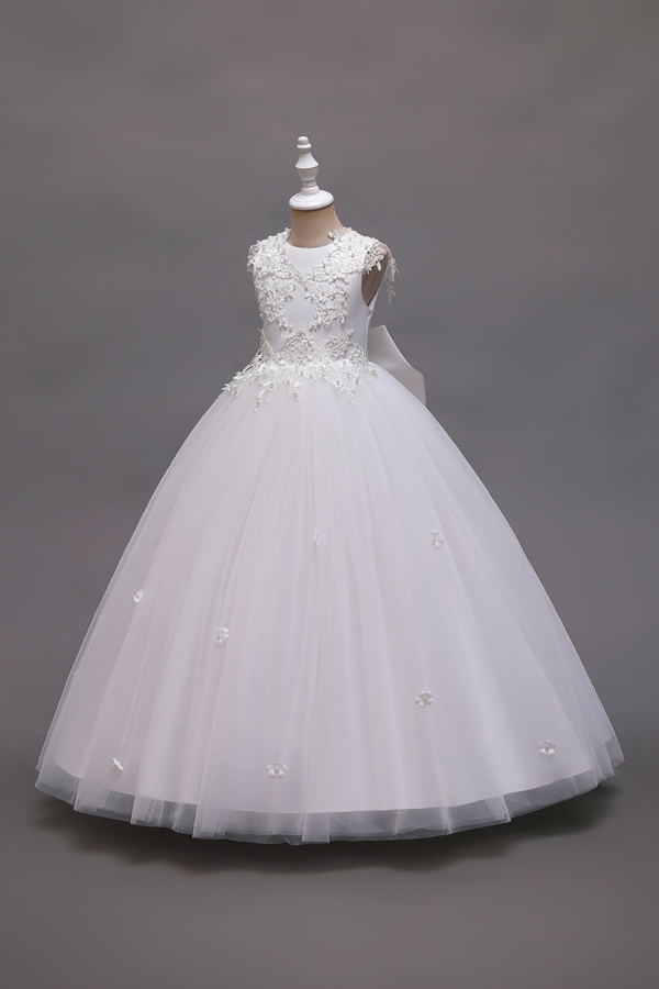 Elegant White Floral Embroidered Tulle Ball Gown with Satin Bow.