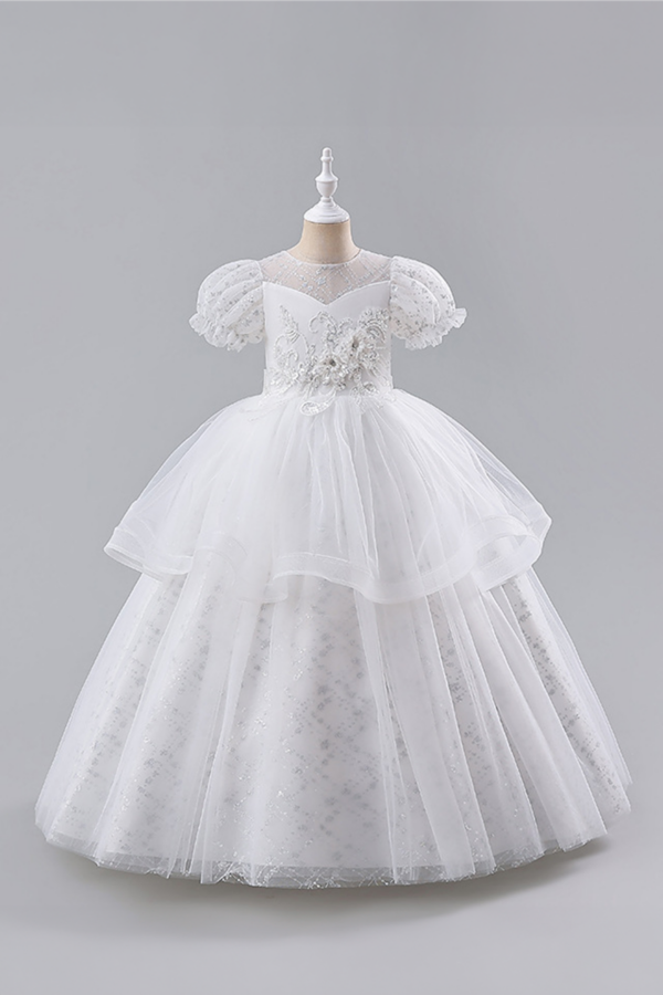 Fairy Tale White Tulle Dress with Floral Embroidery and Puff Sleeves