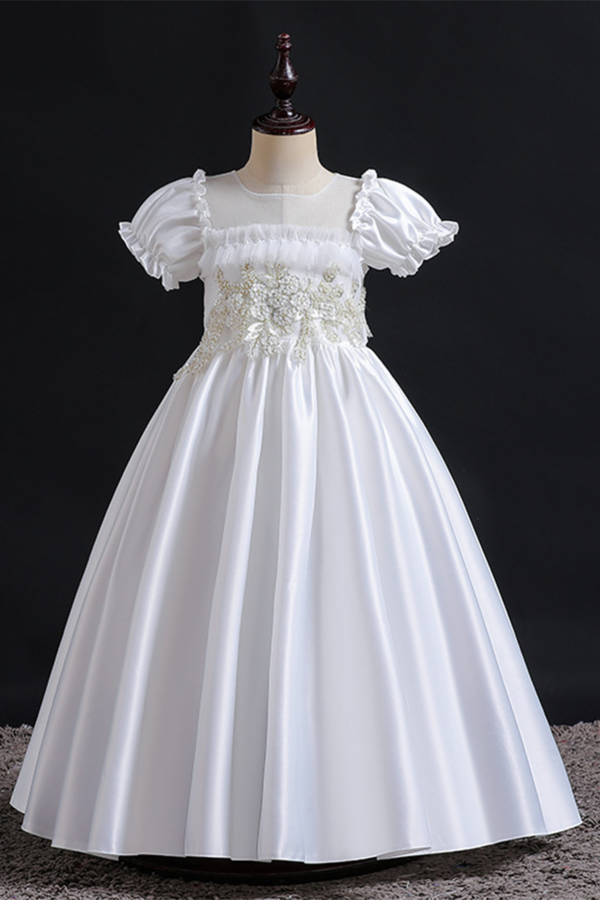 Classic White Satin Dress with Floral Embellished Bodice and Puff Sleeves.