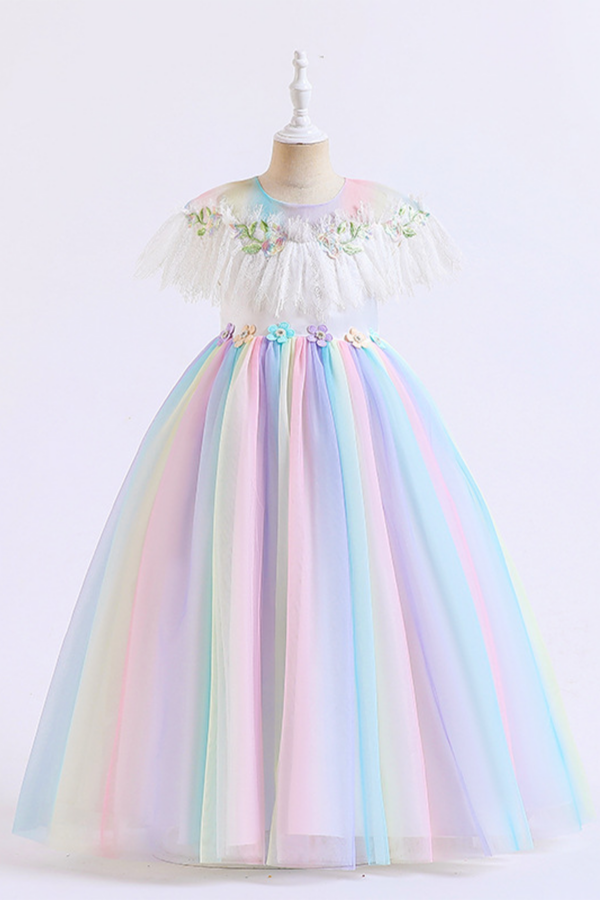 Pastel Rainbow Tulle Dress with Floral Embellished Bodice and Ruffled Sleeves."