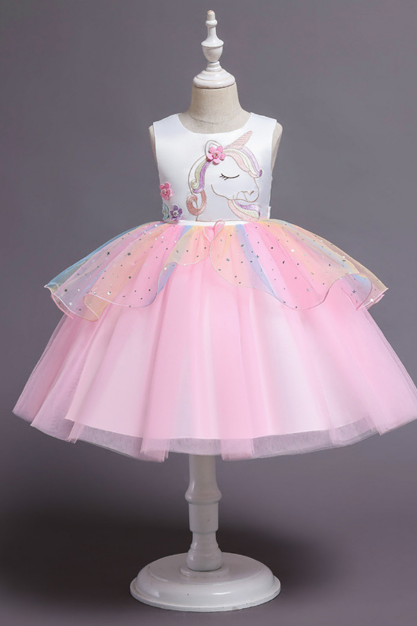 Whimsical Unicorn Embroidered Dress with Rainbow Tulle Skirt