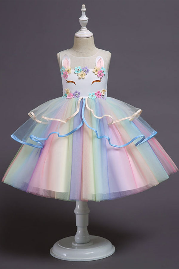 Rainbow Unicorn-Inspired Tulle Dress with Bunny Ears and Floral Embellishments."
