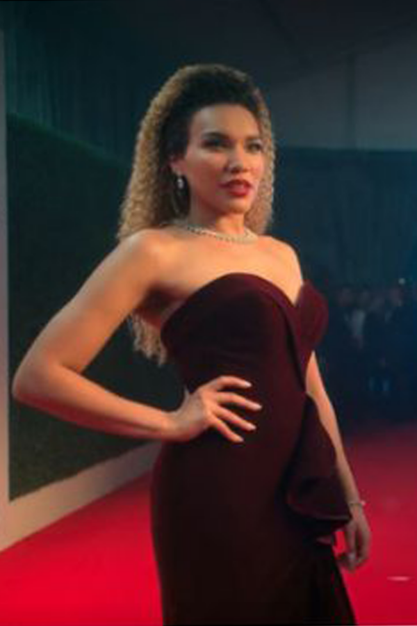Allison Hargreeves Burgundy Strapless Velvet Dress with Ruffled Slit The Umbrella Academy