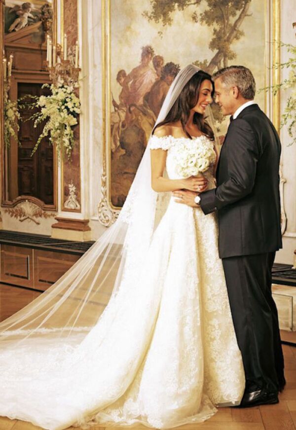 Amal Clooney Inspired Off-the-Shoulder Lace Celebrity Wedding Dress