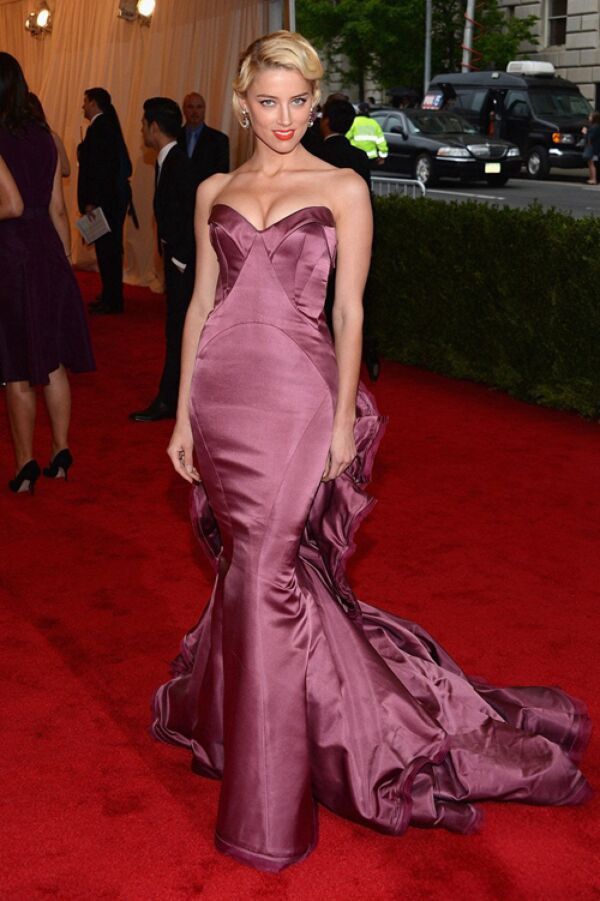 Amber Heard Plum Strapless Satin Mermaid Celebrity Formal Prom Dress Met Gala 2012