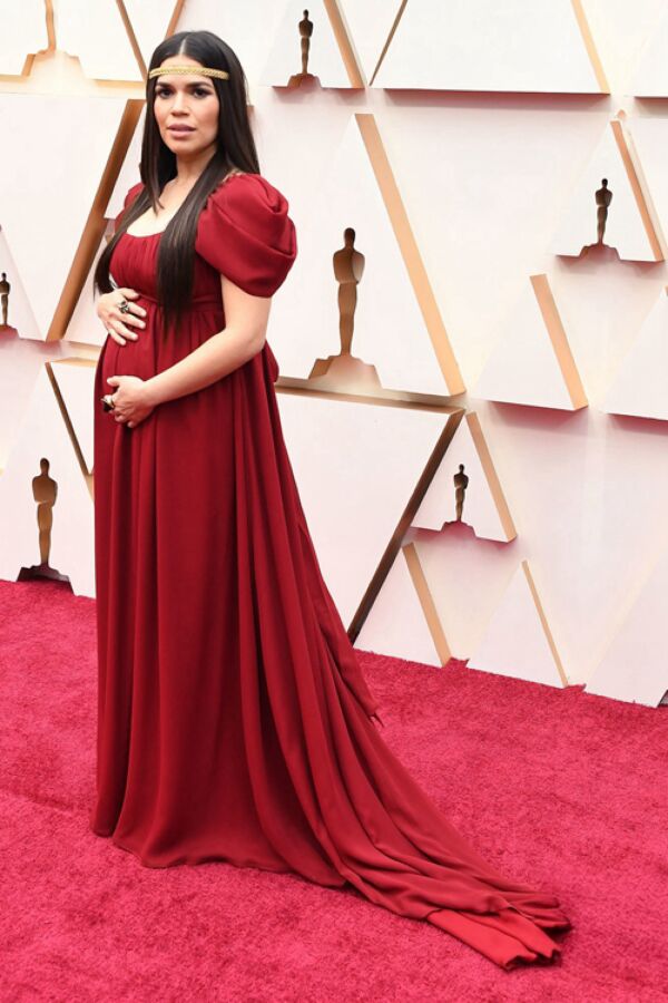 America Ferrera Red Short Sleeves Maternity Formal Celebrity Dress Oscars 2020