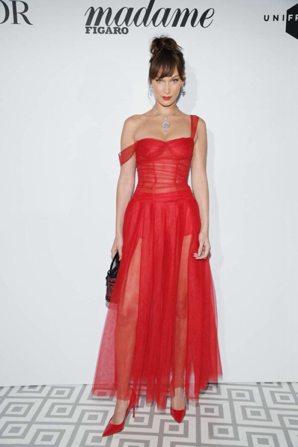 Bella Hadid Red Tulle Off-the-Shoulder Celebrity Dress Cannes Dinner Party 2018