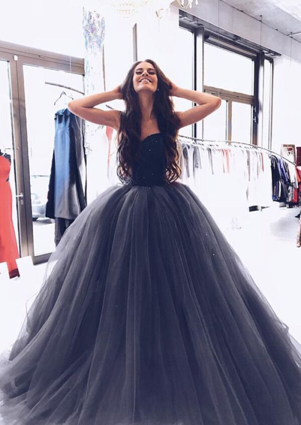 Midnight Bloom Black Strapless Sweetheart Tulle Ball Gown Prom Dress