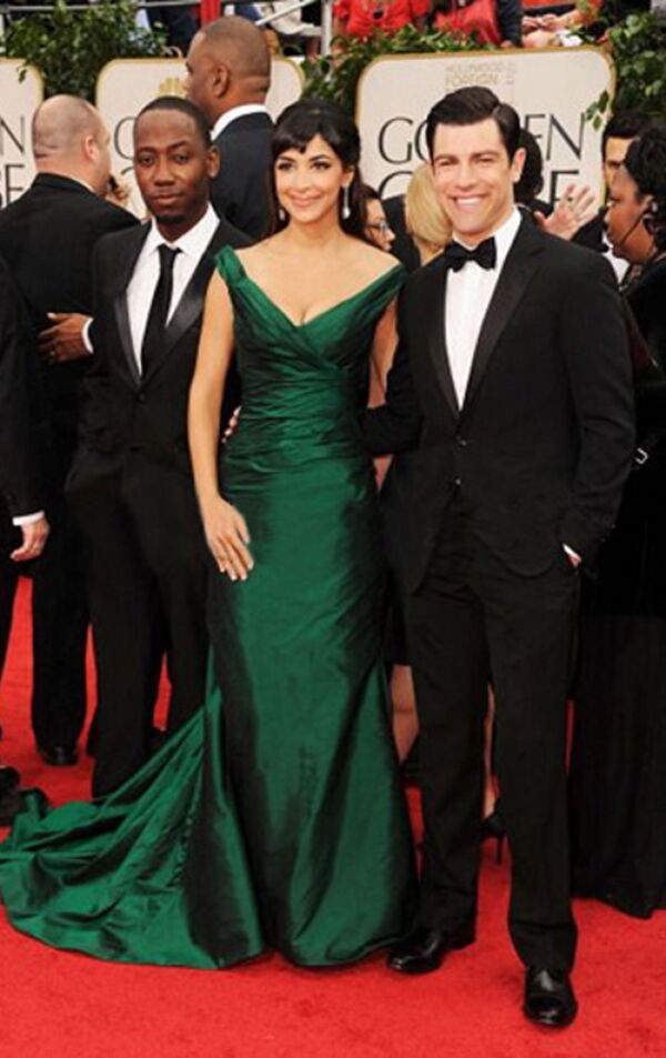 Hannah Simone Inspired Green Off-the-shoulder Evening Dress Golden Globes 2012