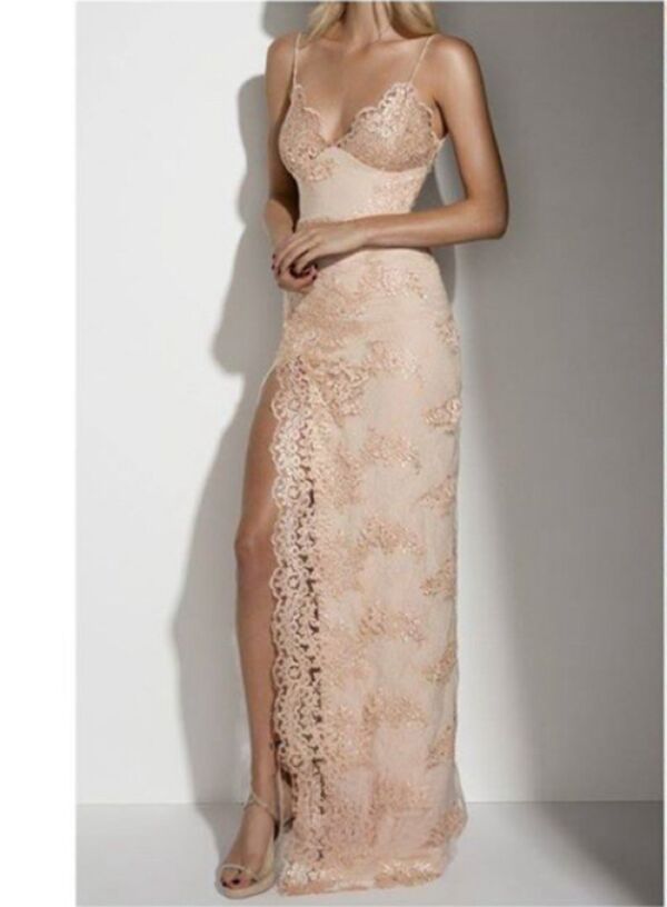 Blushing Lace – Blush Pink Spaghetti-Strap Lace Gown with Thigh-High Slit
