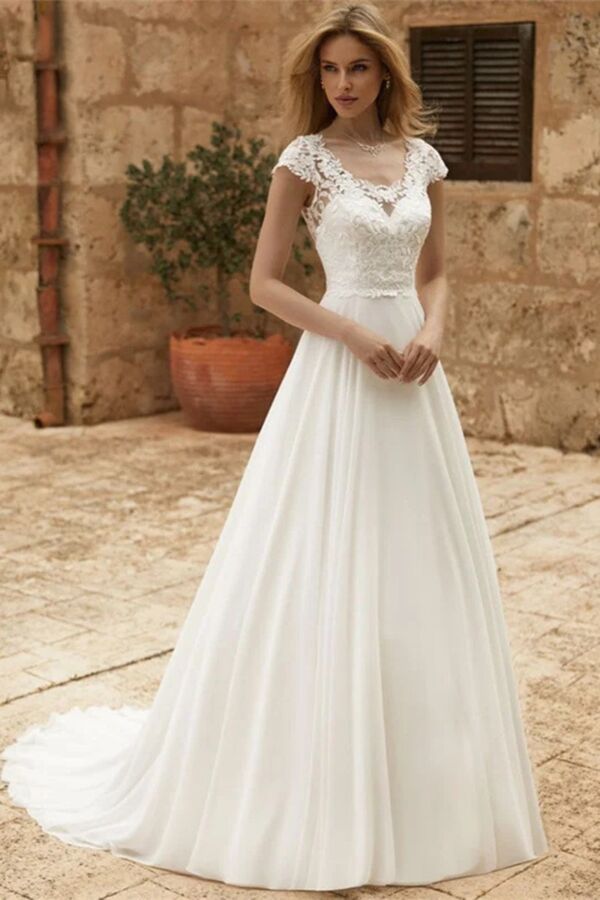Lace Neckline A-Line Gown with Long Train for Formal Events