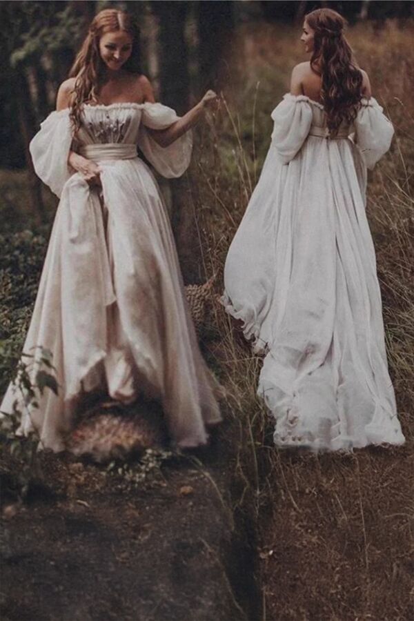 Off-the-Shoulder Puff Sleeve A-Line Gown with Long Train for Formal Events