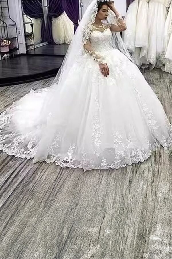 Lace Illusion Neckline Long Ball Gown with Long Train for Formal Events