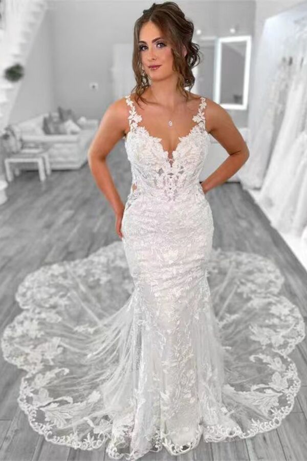 Lace V-Neck Mermaid with Long Train for Formal Events