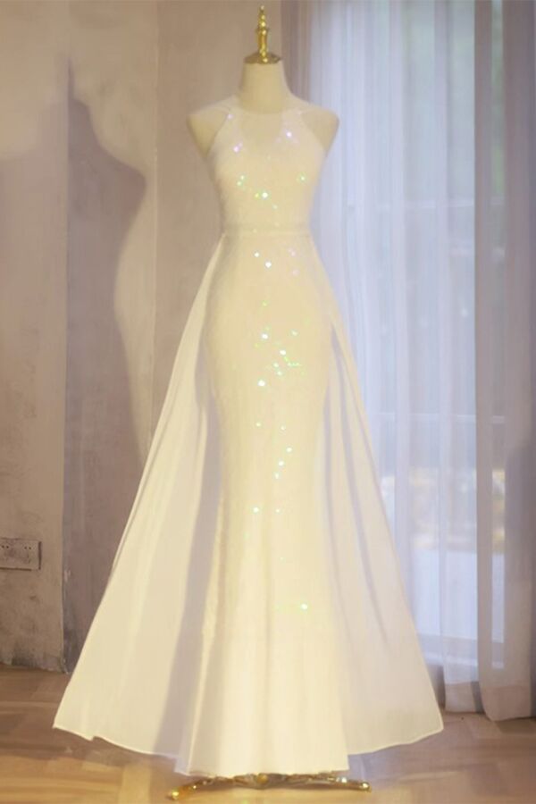 White Halter Neck Sequin Evening Gown – Perfect for Elegant Parties and Special Occasions
