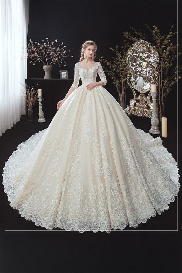 Lace Illusion Neckline Ball Gown with Train for Formal Events