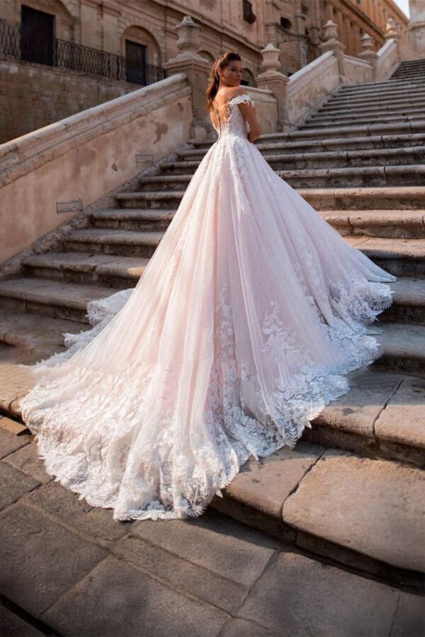 Off Shoulder Ball Gown with Long Train for Formal Events