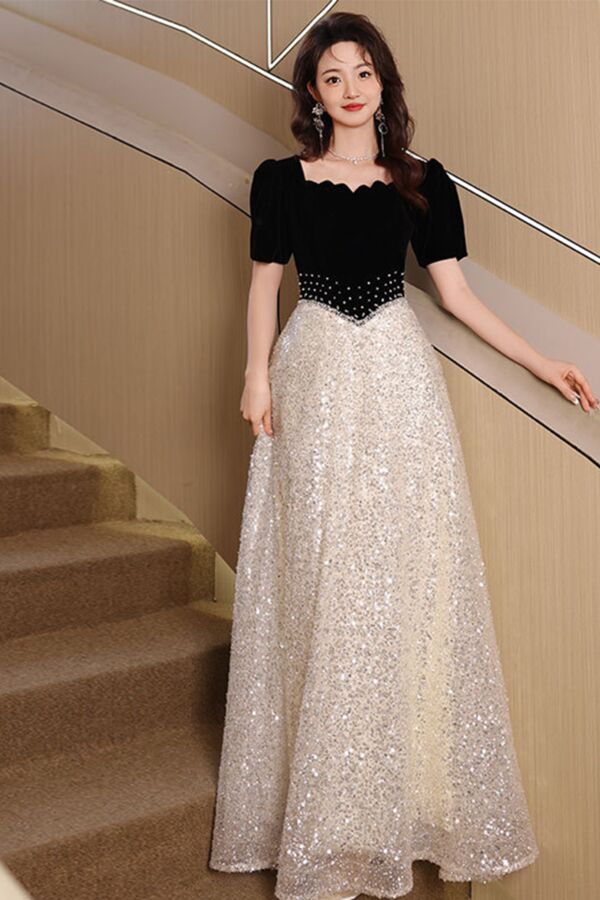 Midnight Rose – Puffy Sleeve Velvet & Sequin Tulle Ball Gown with Scalloped Neckline