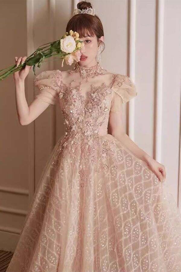 Romantic Blush Pink Embroidered Tulle Gown with Sequined Details – Perfect for Weddings and Formal Events