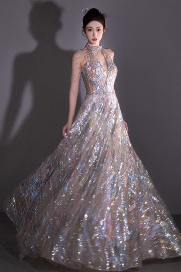 Iridescent Halter-Neck A-Line Gown with Sheer Bodice – Perfect for Galas and Formal Events