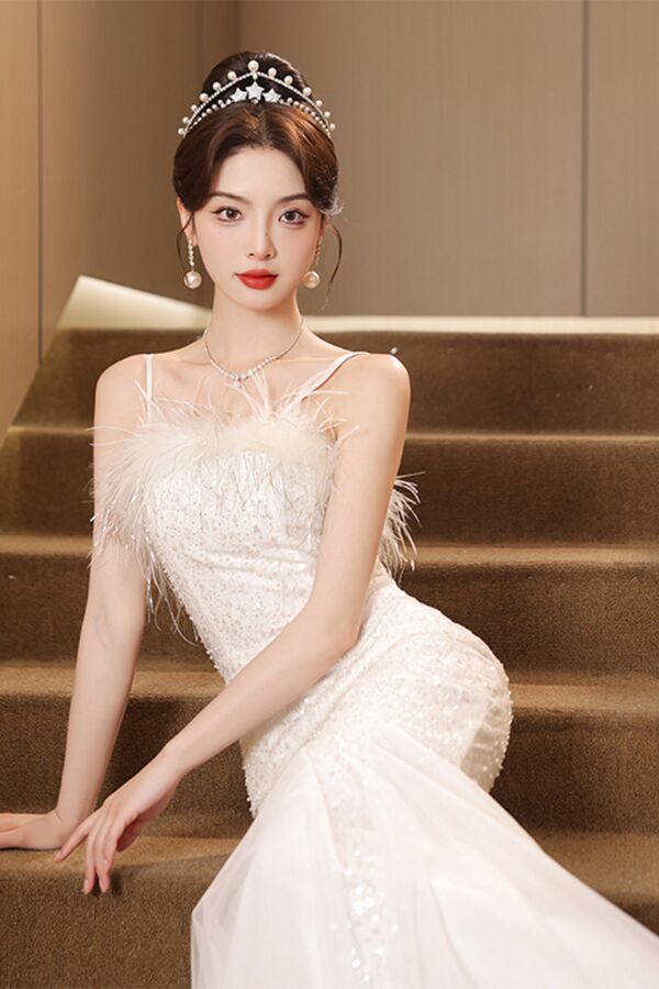 Feathered Frost – Spaghetti-Strap Sequin Mermaid Gown