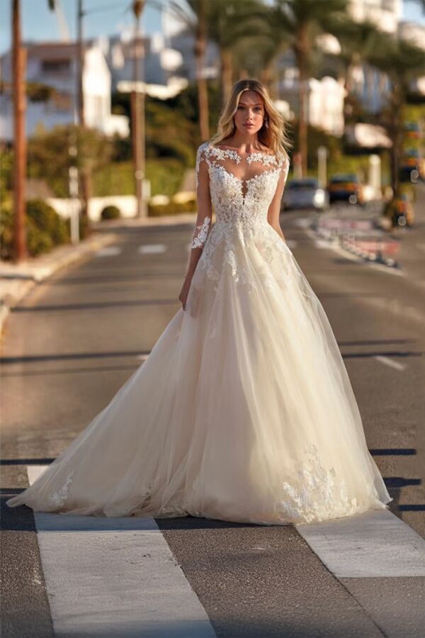 Lace Neckline Gown with Long Train for Formal Events