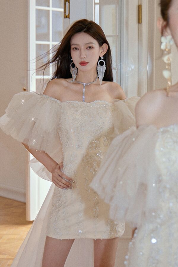 Ivory Sequin Mini Dress with Dramatic Tulle Sleeves – Perfect for Receptions and Special Occasions