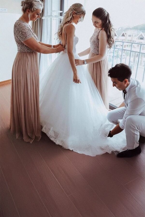 Lace Bodice Tulle Ball Gown with Train for Formal Events