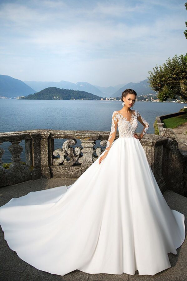 Long-Sleeve Illusion Neckline Ball Gown with Long Train for Formal Events