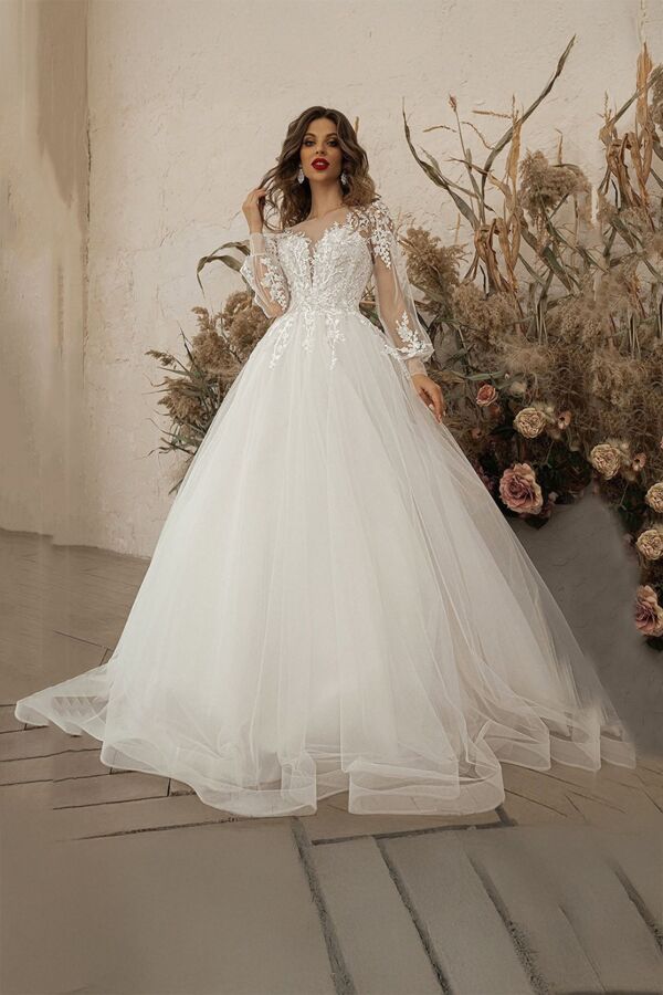 Lace Illusion Long-Sleeve Ball Gown Long Train for Formal Events