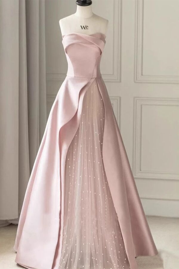 Chic Light Pink Strapless A-Line Evening Gown - Elegant Overlay Dress with Sheer Layer for Engagement and Formal Occasions