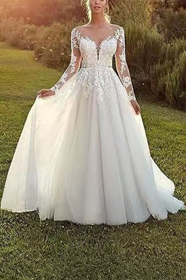 Illusion Neckline Long Ball Gown with Long Train for Formal Events