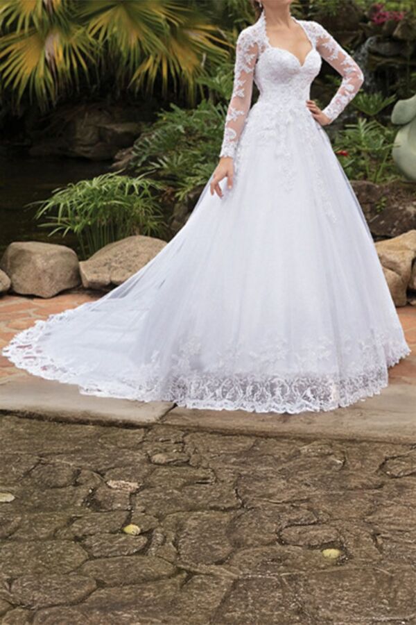 Lace Long-Sleeve Ball Gown with Long Train Formal Events