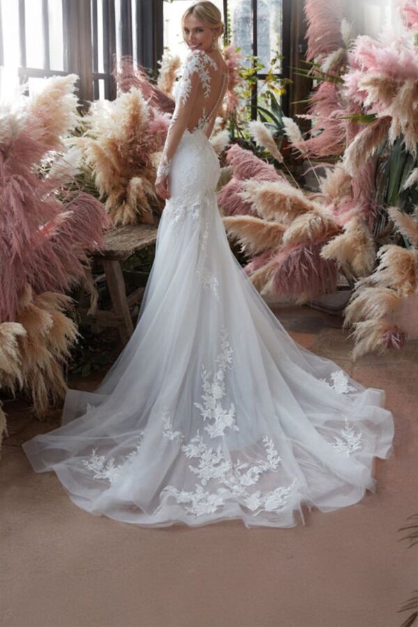 Lace Illusion Sleeve Mermaid Gown Long Train for Formal Events