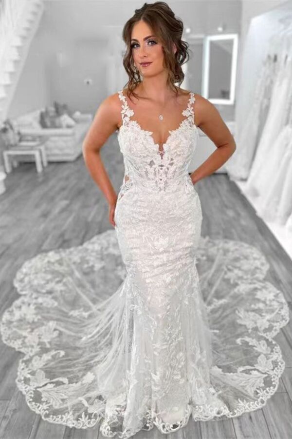 Lace V-Neck Mermaid Gown with Long Train for Events
