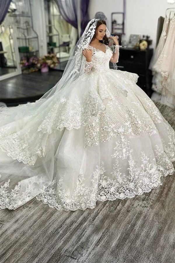 Off Shoulder Lace Ball Gown with Train for Formal Events