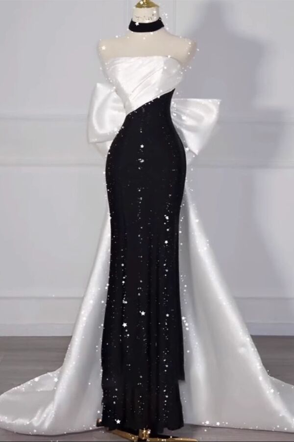 Noir & Ivory Reverie – Strapless Bow-Back Sequin Mermaid Gown