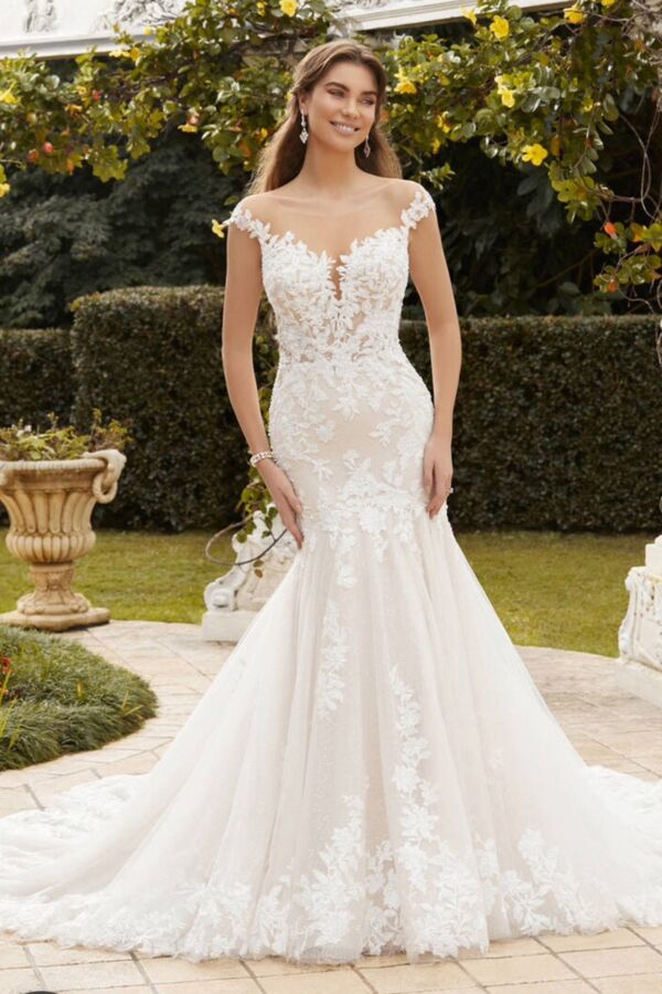 Lace Neckline Mermaid Gown with Long Train for Formal Events