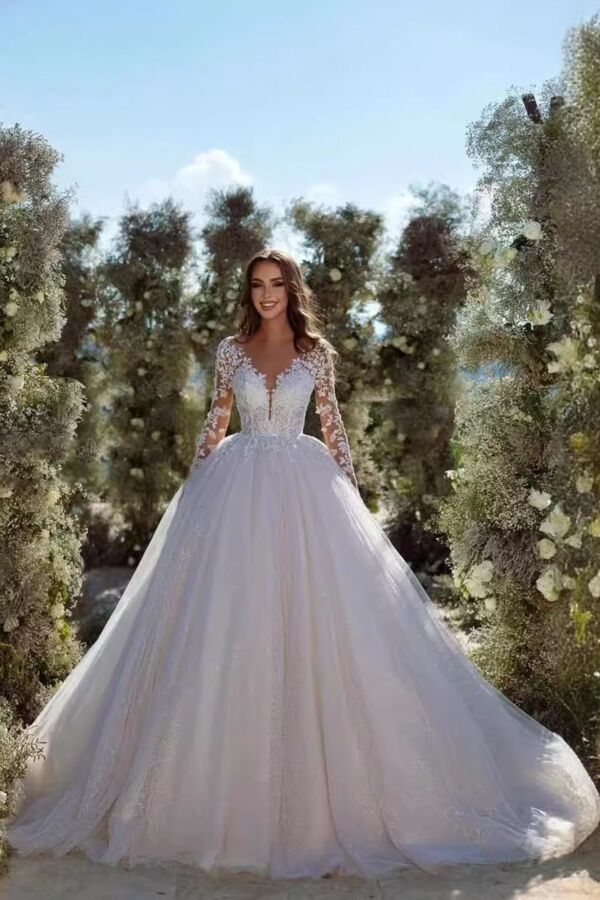 Long-Sleeve Lace Ball Gown with Long Train for Formal Events