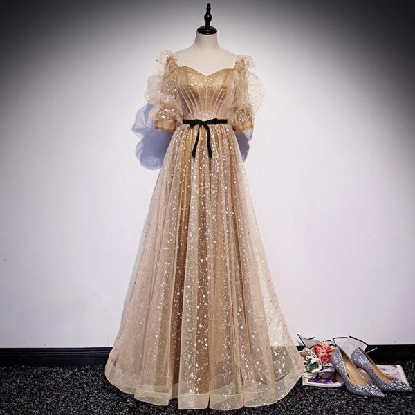 Champagne Stardust Bow-Belt Puff-Sleeve Gown