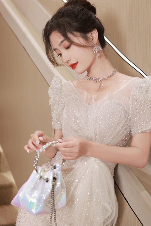Champagne Sequin Puff-Sleeve Mermaid Gown with Tulle Sash – Perfect for Weddings and Formal Occasions